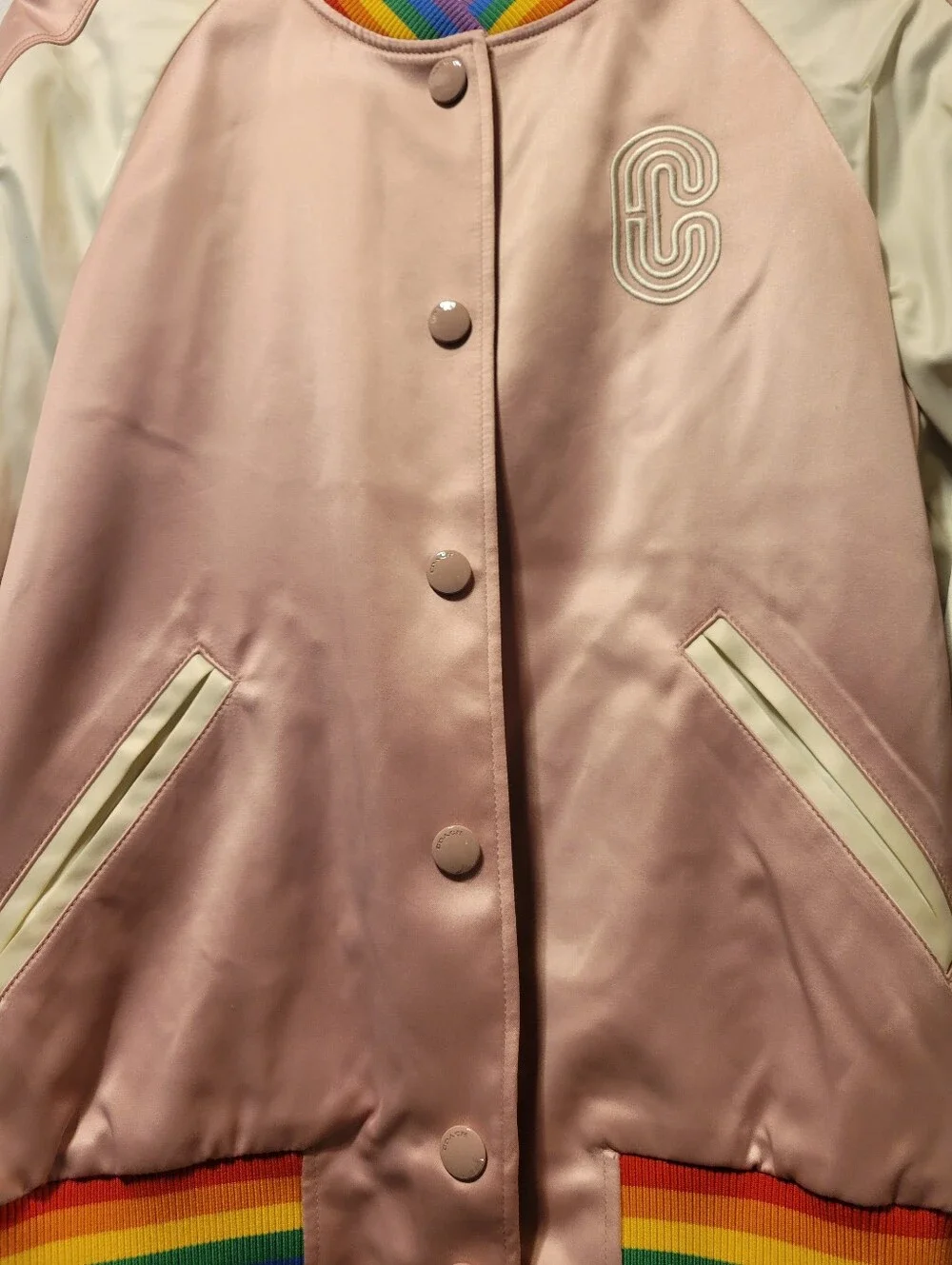 Coach Pink Satin Varsity Jacket with Cream Sleeves and Rainbow Trim